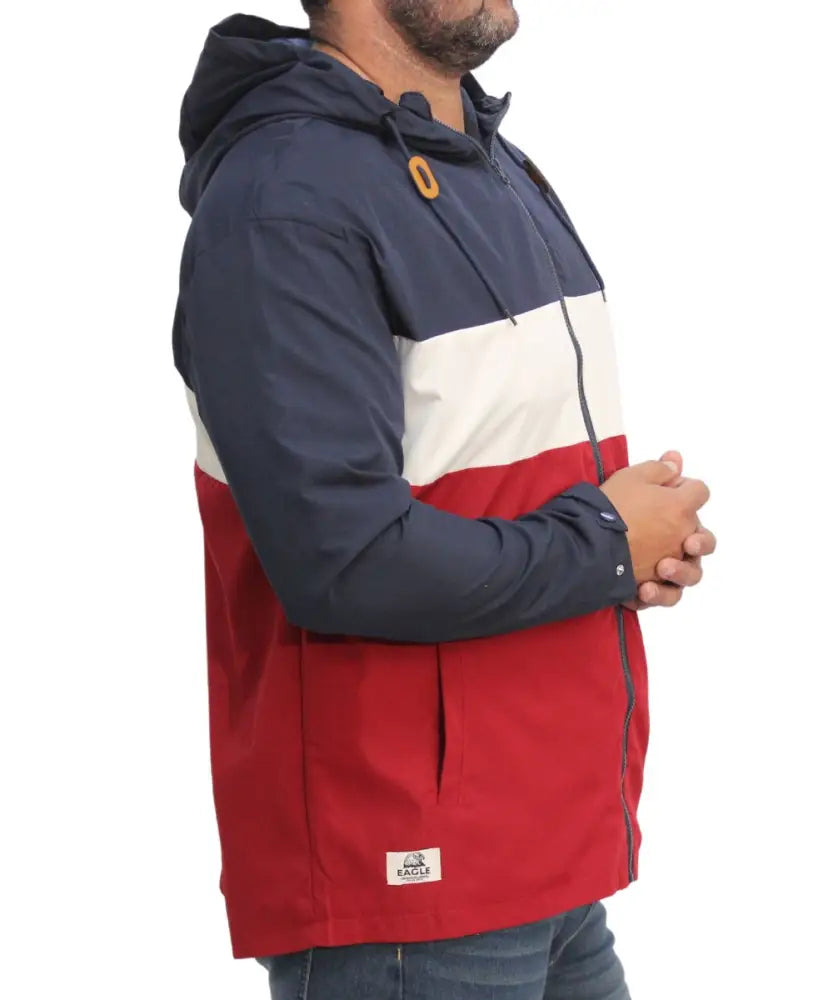 Tricolor men’s colour block jacket featuring navy blue, white, and red horizontal sections