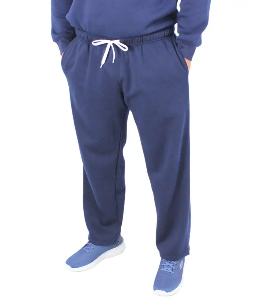 Navy blue Mens Fleece Track Pants with drawstring waist and matching blue shoes