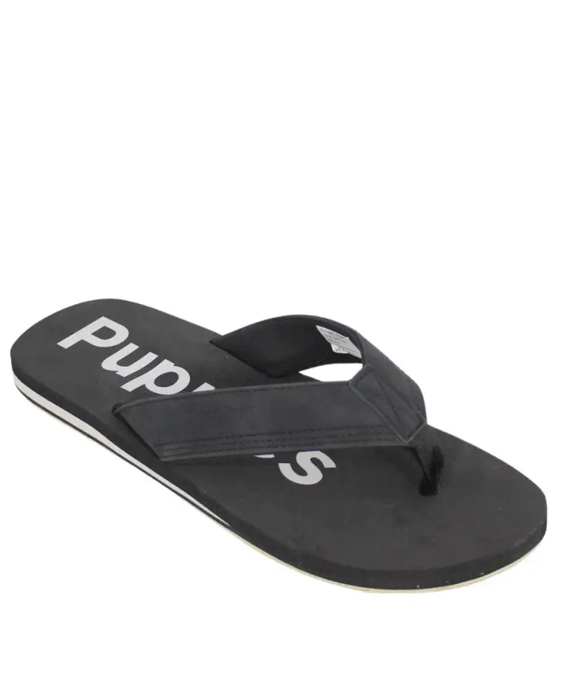 Black Hush Puppy Stomp thong sandal with white Pup branding on footbed for men