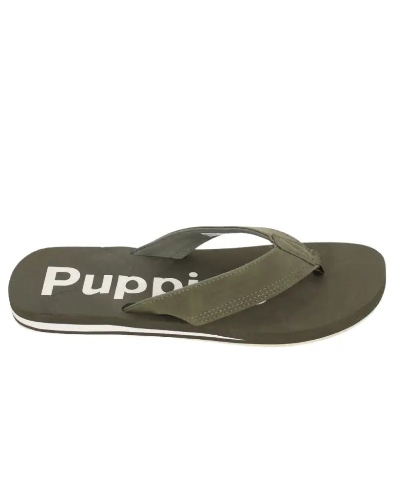 Olive green Hush Puppy Stomp thong sandal with Puppi branding on the footbed