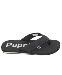 Black Men’s Hush Puppy Stomp Thong sandal featuring Puppies text on footbed