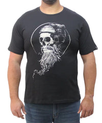 Black t-shirt with white army skull graphic, featuring a long beard and headphones