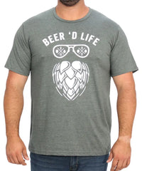 Gray Mens Printed Beer’d Life Tee featuring stylish hop design and sunglasses