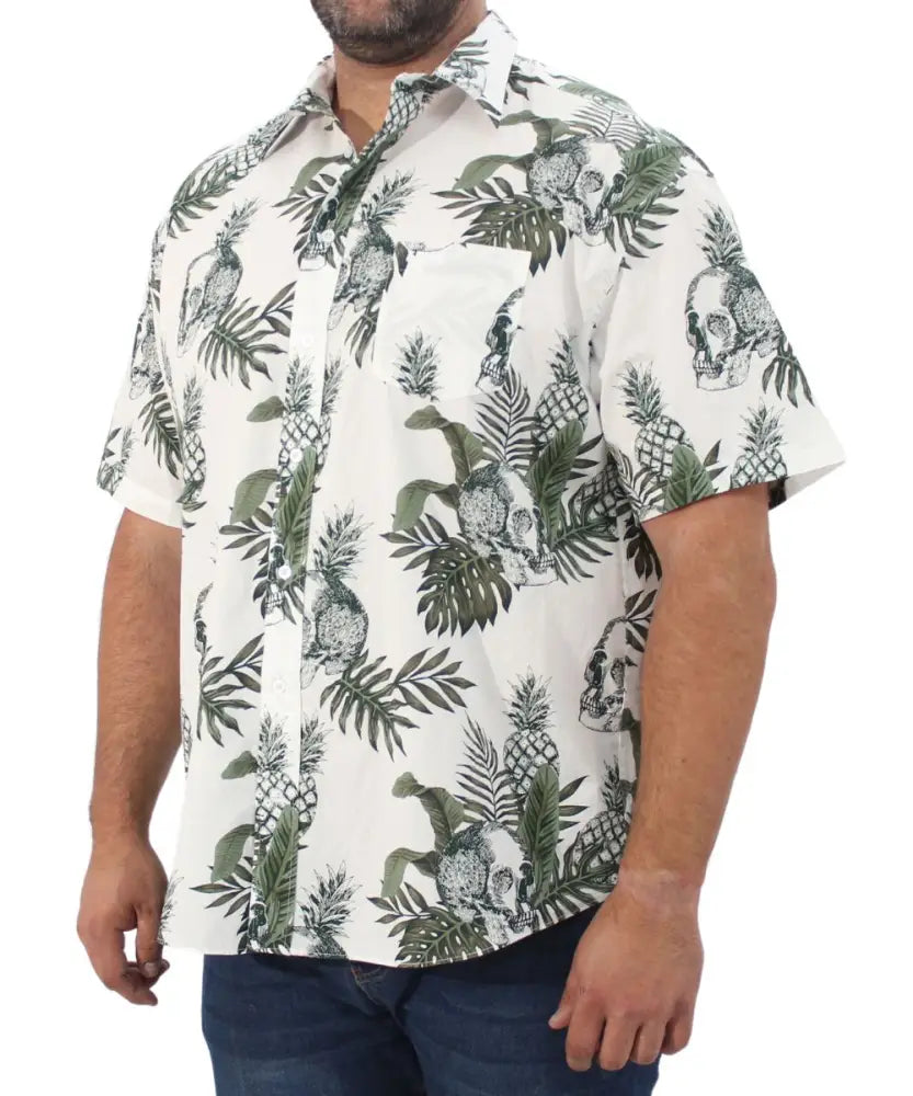 Mens Printed Skull Shirt featuring a tropical leaf and pineapple print pattern