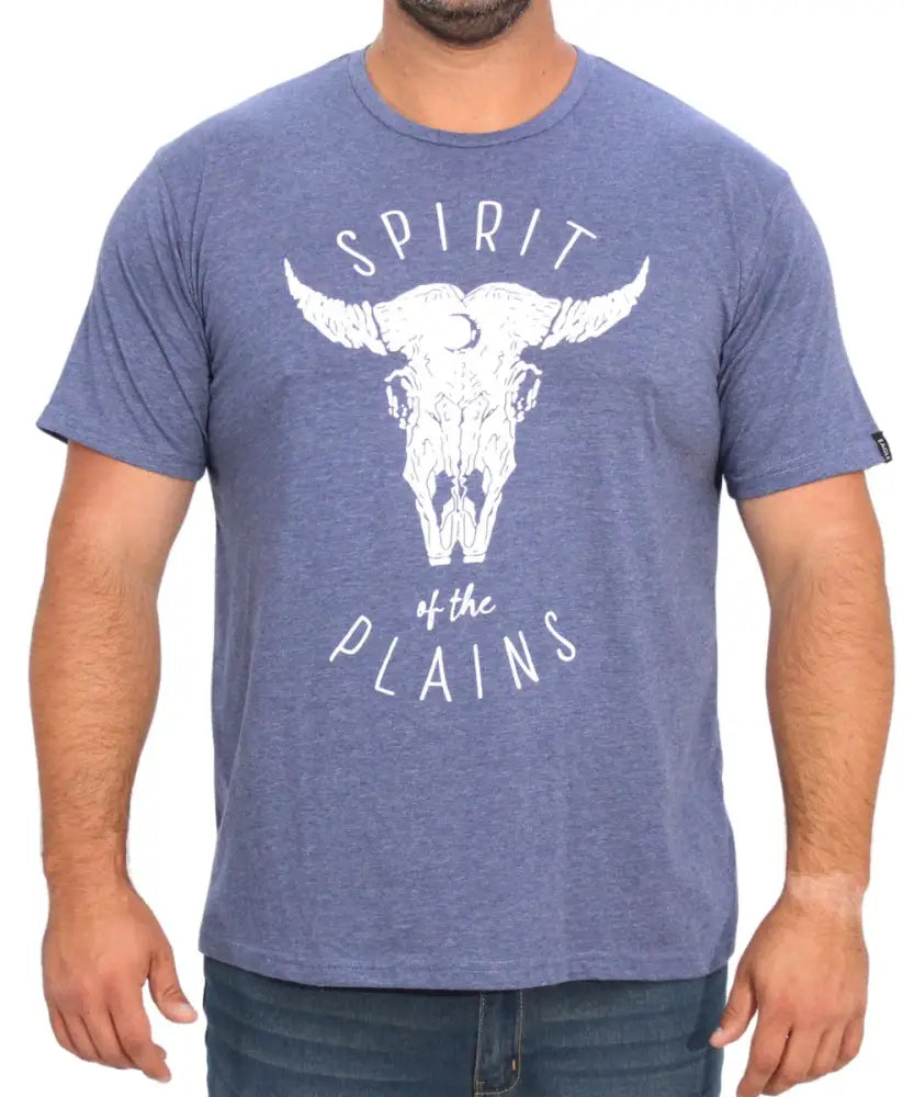 Blue Mens Printed Spirit Tee featuring a white bull skull and wings design