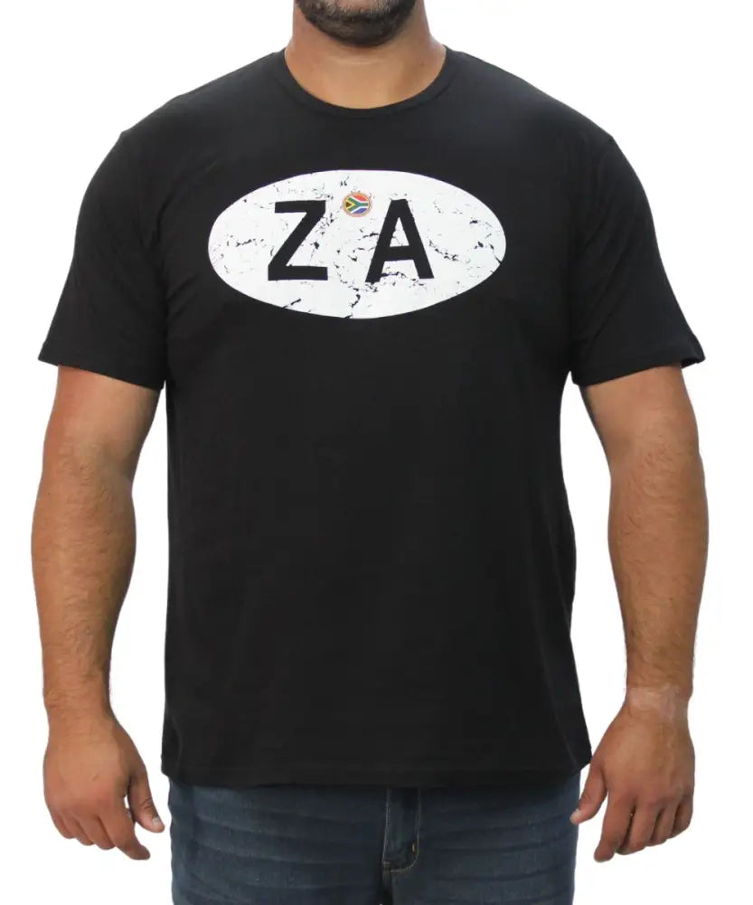 Black Mens Printed ZA Tee featuring a white oval logo with decorative elements