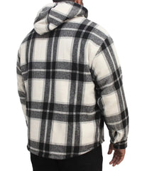 Plaid flannel mens shacket with a hood viewed from the back