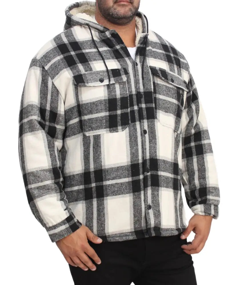 Plaid flannel mens shacket with hood and button-up front for stylish layering