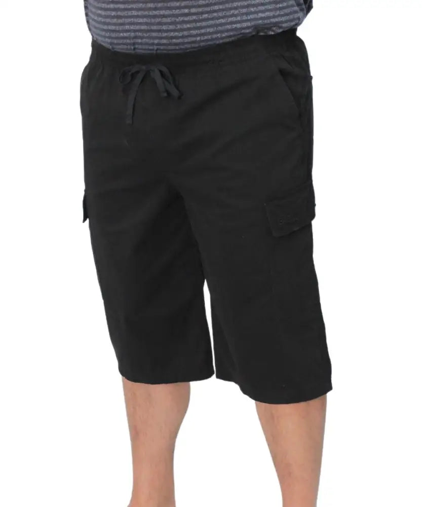 Black mens stretch longer cargo shorts with drawstring waist for comfort and style