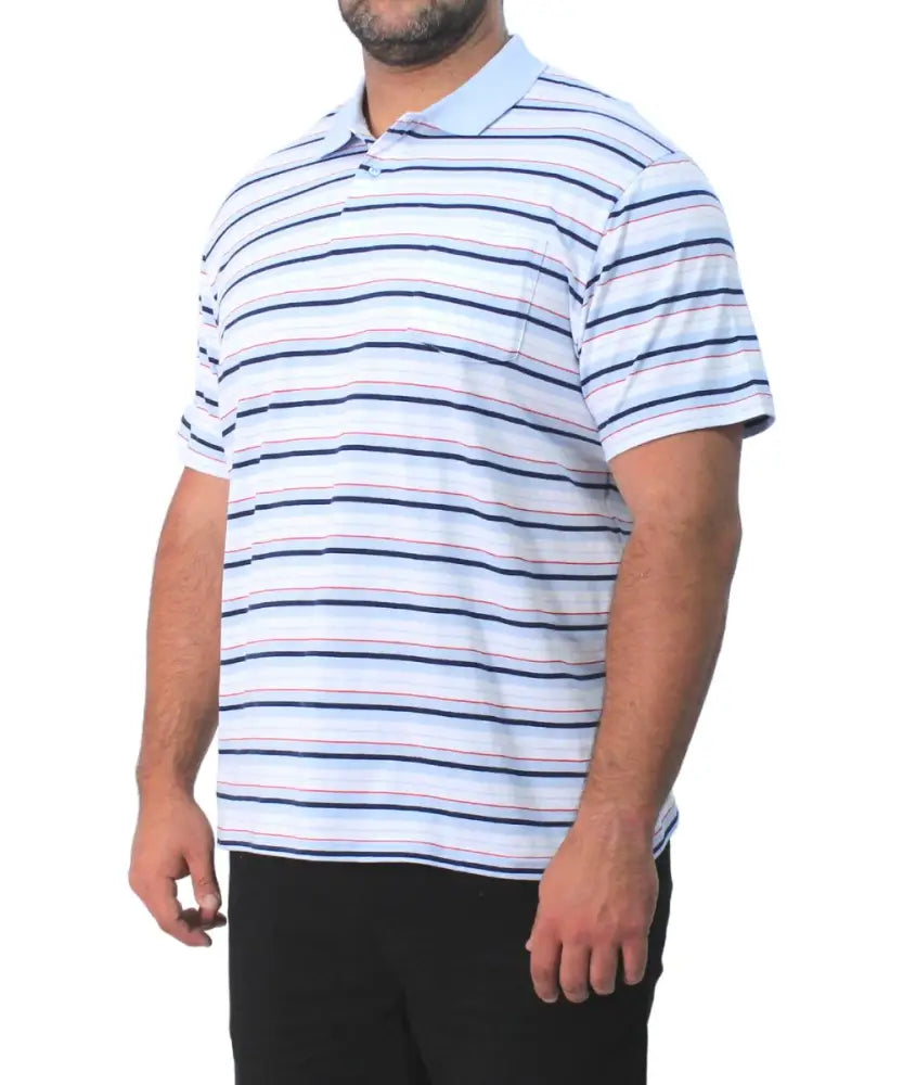 Mens Stripe Golfer featuring a striped white and blue polo shirt on a person