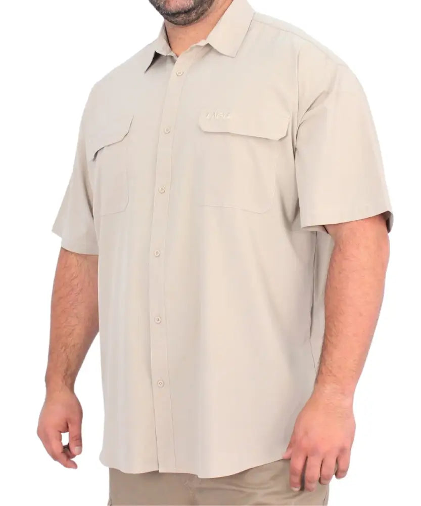 Beige Mens Tech Stretch UV Shirt featuring short sleeves and chest pockets