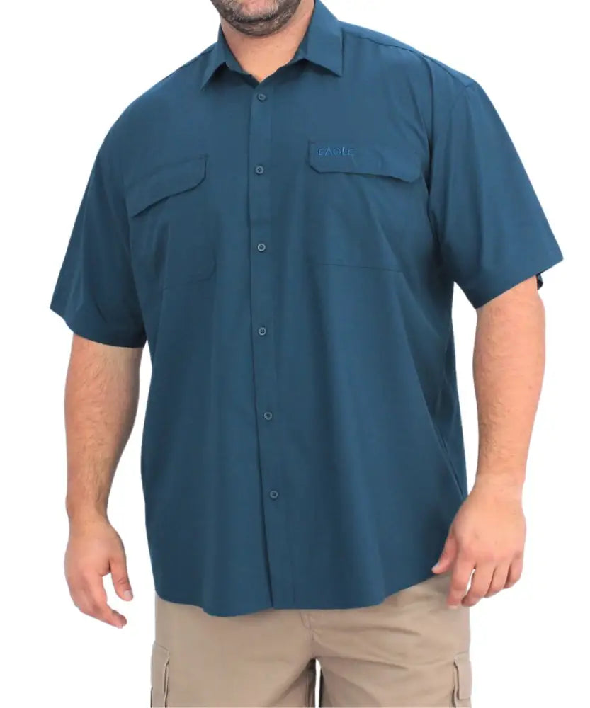 Mens Tech Stretch UV Shirt in blue featuring short sleeves and chest pockets